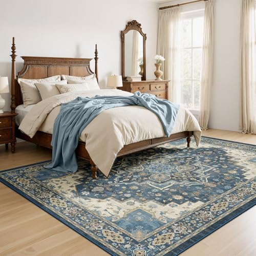 Amada Vintage Washable Area Rug,9'x12',Navy Blue/Beige - Image 3