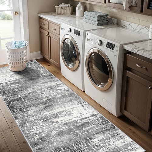 2x8 Washable Hallway Runner Rug: Abstract Stain Resistant Kitchen Rugs Farmhouse Ultra Soft Bathroom Bedroom Entryway Print Floor Mat Thin Non-Slip Indoor Carpet for Living Room Laudry(2x8,Black/Grey) - Image 5