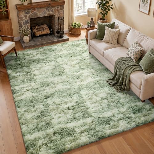 Ophanie 6x9 Green and White Area Rugs for Living Room,Large Sage Green Fluffy Shag Fuzzy Plush Soft Carpets,Floor Shaggy Rugs for Bedroom,Carpet for Kids Girls Dorm Decor with Over 99 pcs Pile fibers by Ophanie