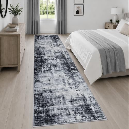 2.6x14 Washable Runner Rug:Modern Abstract Soft Carpet Dark Black - Image 4