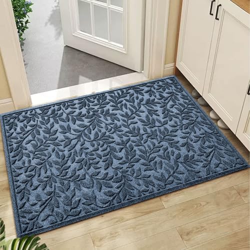 Bulijojo Sturdy Front Entrance Doormats,Durable Heavy Duty Welcome Mat,Thick Absorbent Natural Rubber Non Slip Mat,Easy Clean Entryway Mat Leaves Blue, 47" x 32" by ShowYourStyle