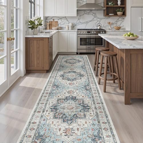 Madane Hallway Runner Rug 2'6''x10' Blue, Washable Vintage Kitchen Runners - Image 3