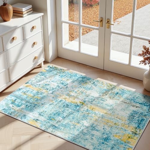Entrance Rugs Indoor 2x4 Teal Blue Entry Rug Washable Abstract Black Small Area Rug Non-Slip Low Pile Throw Rugs for Entryway, Kitchen Floor, Front Door Indoor Door Mat, Bathroom, Bedroom Bedside by OmpaaHomeDecor