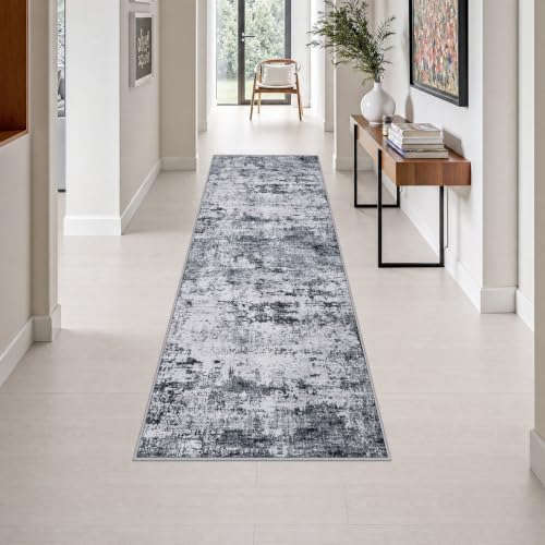 2.6x8 Washable Runner Rug：Modern Abstract Kitchen Soft Carpet Grey by FXRHLP