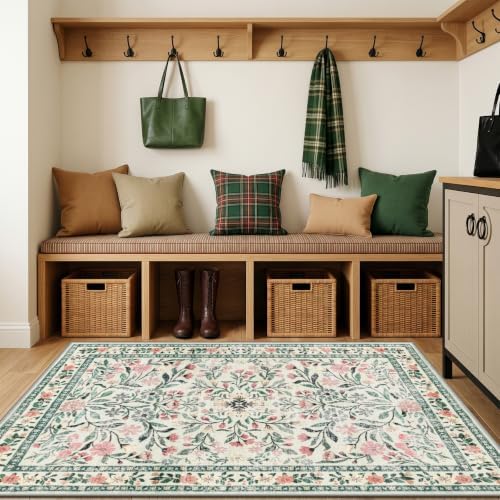 PLHXFR Area Rug Living Room: 3x5 Floral Washable Boho Carpet Green Beige - Image 5