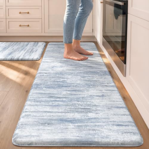 KIMODE Anti Fatigue Kitchen Mat, Boho Abstract Kitchen Rugs Sets of 2 Blue by StayinComfortCookwithJoy