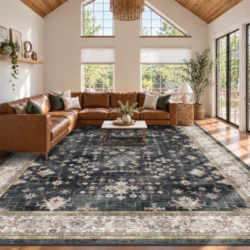 Black Boho Rug for Living Room 8x12 - Washable Dining Room Rugs for Under Table, Vintage Soft Low Pile Carpet for Bedroom, Non-Slip Farmhouse Bohemian Large Thin Carpet for High Traffic Area by HazoHaus
