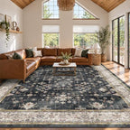 Black Boho Rug for Living Room 8x12 - Washable Dining Room Rugs for Under Table, Vintage Soft Low Pile Carpet for Bedroom, Non-Slip Farmhouse Bohemian Large Thin Carpet for High Traffic Area by HazoHaus
