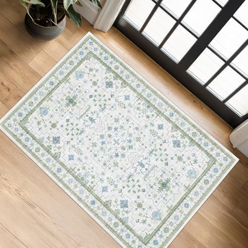 Washable Boho Bathroom Rug 2x3 - Small Throw Area Rugs for Powder Room, Laundry, Kitchen, Blue and Green Oushak Modern Eclectic Geometric Floral Pastel Decor, Low Pile Non-Slip Stain Resistant - Image 6
