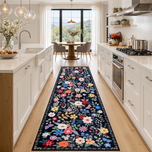 PLHXFR 3x10 Washable Runner Rug：Floral Indoor Kitchen Soft Carpet Black by PLHXFRSoftAreaRugs