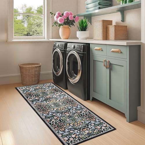 PLHXFR 2x6 Washable Runner Rug：Floral Indoor Kitchen Carpet Dark Black - Image 4