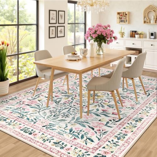 PLHXFR Area Rug Living Room: 5x7 Floral Washable Boho Carpet Pink Green - Image 4