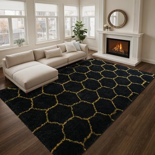 Noahas 5x7 Black Gold Fluffy Soft Area Rug Non-Slip for Living Room Bedroom - Image 2