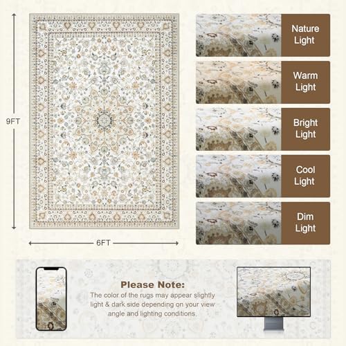 6x9 Area Rugs Living Room: Washable Vintage Rug for Bedroom Beige - Image 2