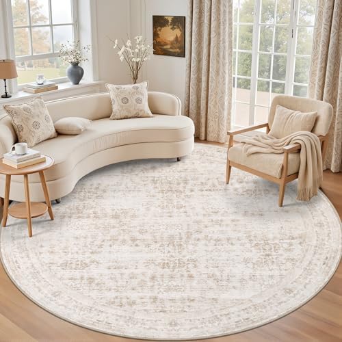 Round Area Rug for Living Room: 4ft Boho Washable Rug Beige Brown by EXPEDIX