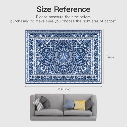 5x7 Area Rugs for Living Room, Washable Non-Slip Rug, Oriental Dark Blue - Image 2