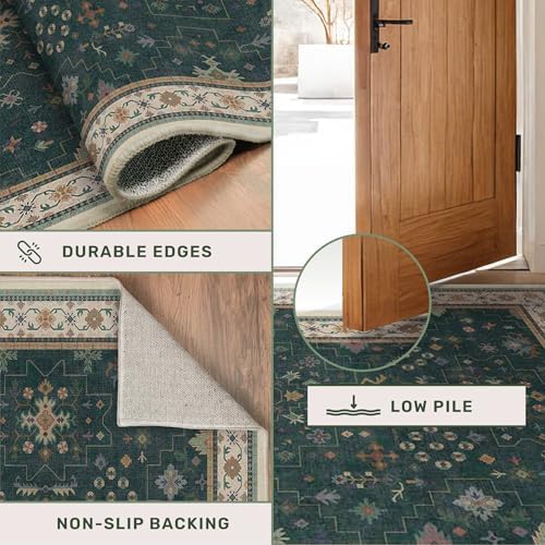 Dark Green 3x8 Wide Hallway Runner Rug - Modern Vintage Boho Floral Moody, Washable Low Pile Non-Slip Area Rugs for Large Entryway, Door Mat Indoor Entrance, Kitchen, Bedroom Beside Bed - Image 5