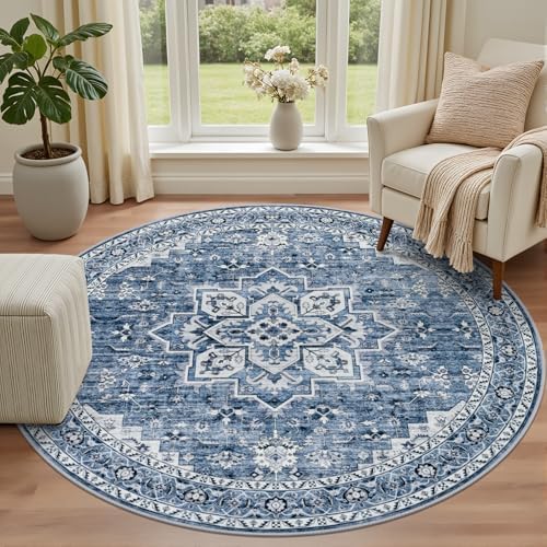Round Area Rug for Living Room: 6ft Washable Rug for Bedroom Blue - Image 2