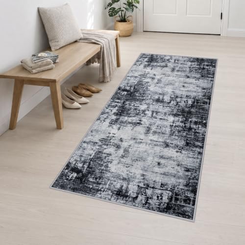 3x8 Washable Runner Rug：Modern Abstract Soft Carpet Dark Black - Image 3