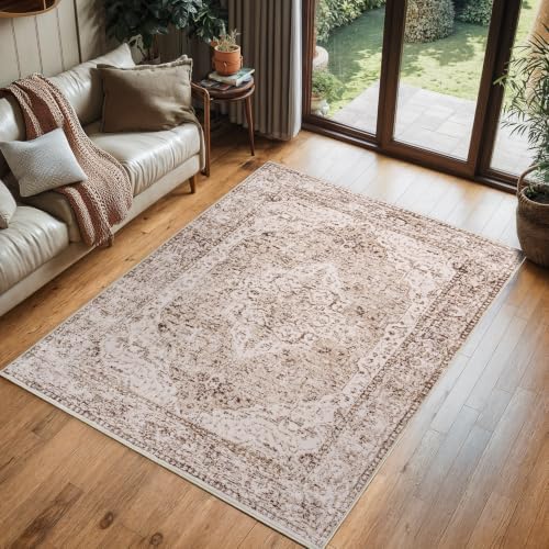 Lofus 4x6 Area Rugs for Living Room, Washable Area Rug, Rugs for Bedroom, Kitchen, Vintage Boho Carpet, Soft Non-Slip, Low Pile Large Area Rug for Office Dining Room, Vintage Beige Brown - Image 2