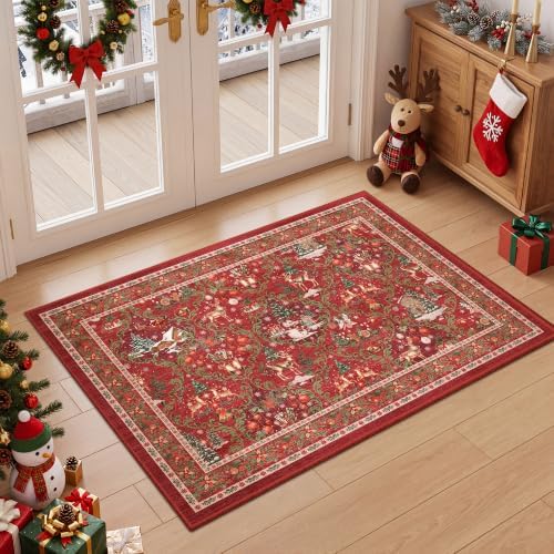 2x3 Christmas Rug,Small Washable Entryway Rug Non Slip,Red - Image 3