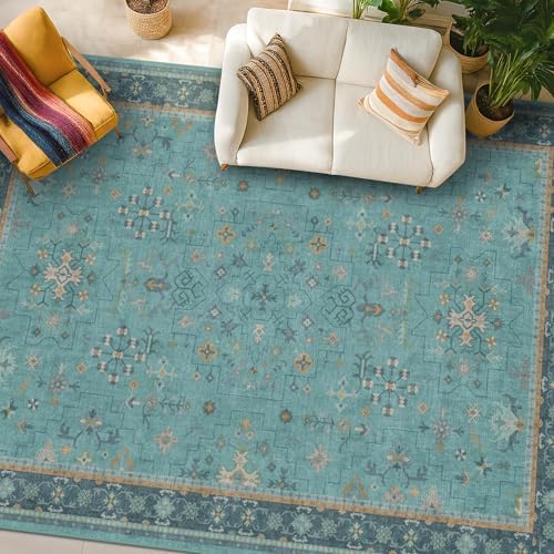 Boho Teal 7x9 Soft Rugs for Living Room, Washable Turquoise Rug for Bedroom Under Bed, Vintage Non Slip Floral Dining Room Carpet, Low Pile Soft Fade Resistant by HazoHaus