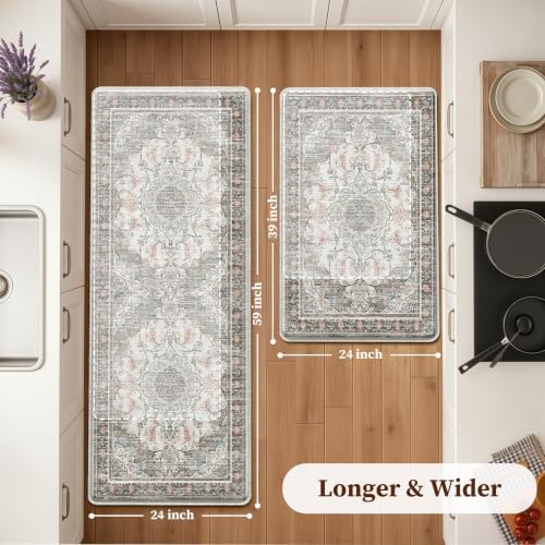 Boho Kitchen Mats for Floor 2PC Anti Fatigue Kitchen Rugs, Beige Grey - Image 2