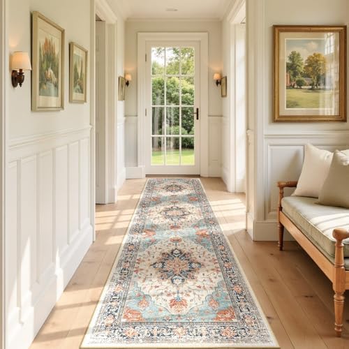 RELEANY Washable Area Rug, Runner 3'x9', Beige/Blue/Orange - Image 2