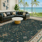 Hazo Haus Dark Green Oushak Living Room Rug 10x14 - Modern Vintage Boho Eclectic Floral Pastel, Washable Low Pile Non-Slip Extra Large Area Rugs for Dining Under Table Bedroom Lounge - Image 3