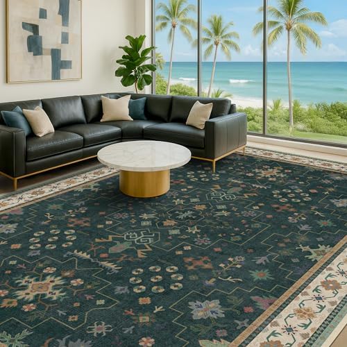Hazo Haus Dark Green Oushak Living Room Rug 10x14 - Modern Vintage Boho Eclectic Floral Pastel, Washable Low Pile Non-Slip Extra Large Area Rugs for Dining Under Table Bedroom Lounge - Image 3