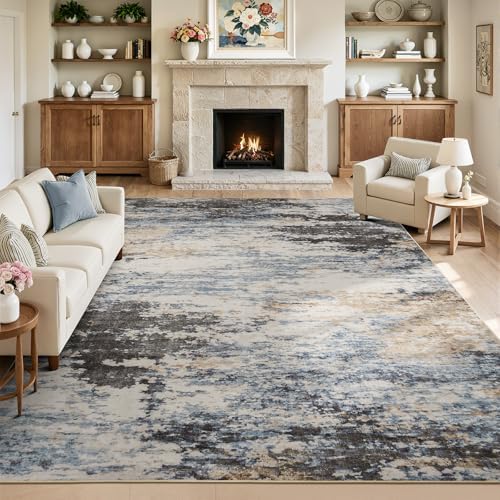 8x10 Area Rug for Living Room, Abstract Washable Large Rugs, Grey/ Blue by Lofus