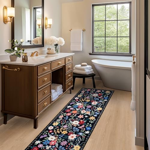 PLHXFR 2.6x8 Washable Runner Rug：Floral Indoor Kitchen Soft Carpet Black - Image 5
