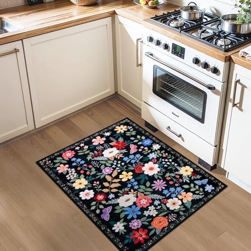 PLHXFR 2x3 Small Entryway Rug: Floral Washable Indoor Soft Carpet Black - Image 4