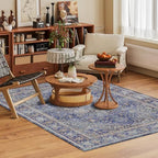 Washable Area Rug 5' x 7' Vintage Traditional Persian Mat - Foldable Distressed Non-Slip Machine Washable Carpet for Living Room Bedroom Kitchen Home Decor - Indigo and Gold - Image 2