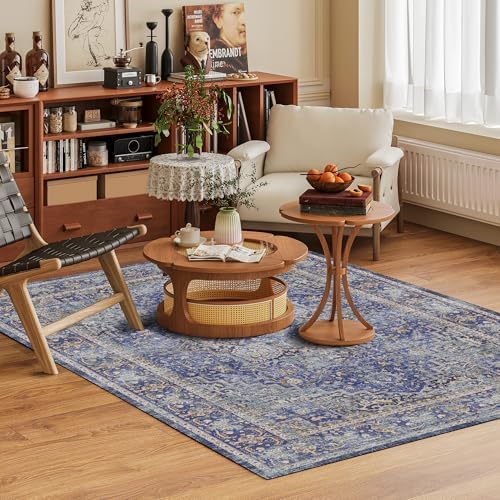 Washable Area Rug 5' x 7' Vintage Traditional Persian Mat - Foldable Distressed Non-Slip Machine Washable Carpet for Living Room Bedroom Kitchen Home Decor - Indigo and Gold - Image 2