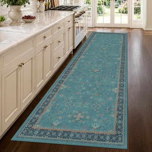 Hazo Haus Teal 10ft Long Hallway Runner Rug - 3 x 10 Runner Rug, Boho Washable 3x10 Kitchen Floor Mat - Vintage Eclectic Boho Design Décor - Image 3