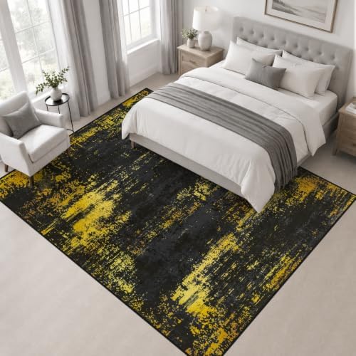 Area Rug Living Room: 5x5 Modern Washable Soft Carpet Black Gold - Image 3