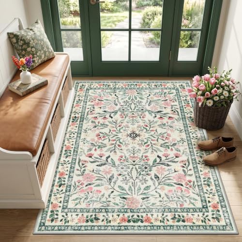 PLHXFR Area Rug Living Room: 3x5 Floral Washable Boho Carpet Green Beige by PLHXFRSoftAreaRugs