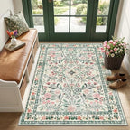 PLHXFR Area Rug Living Room: 3x5 Floral Washable Boho Carpet Green Beige by PLHXFRSoftAreaRugs