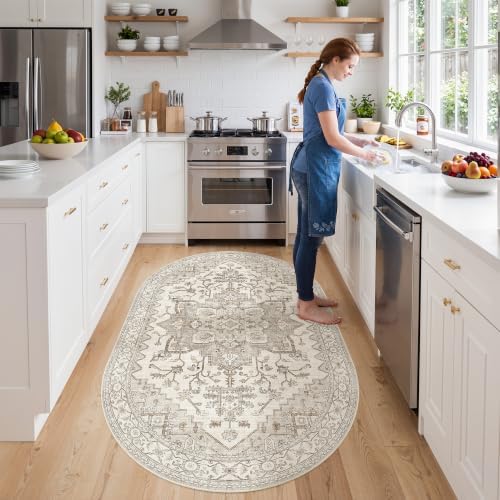 Madane Oval Rug 3x5 for Entryway Kitchen, Small Oval Area Rugs, Beige/Brown - Image 3