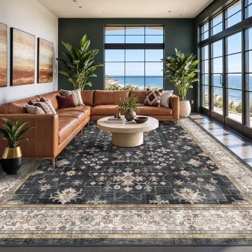 Black Boho Rug for Living Room 9x12 - Washable Dining Room Rugs for Under Table, Vintage Soft Low Pile Carpet for Bedroom, Non-Slip Farmhouse Bohemian Large Tumble Rug for High Traffic Area by HazoHaus