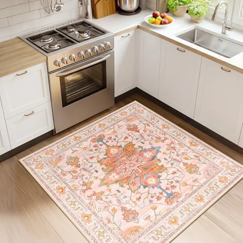 RELEANY Washable Area Rug, Square 4'x4', Pink/Light Pink/Colorful by RELEANY