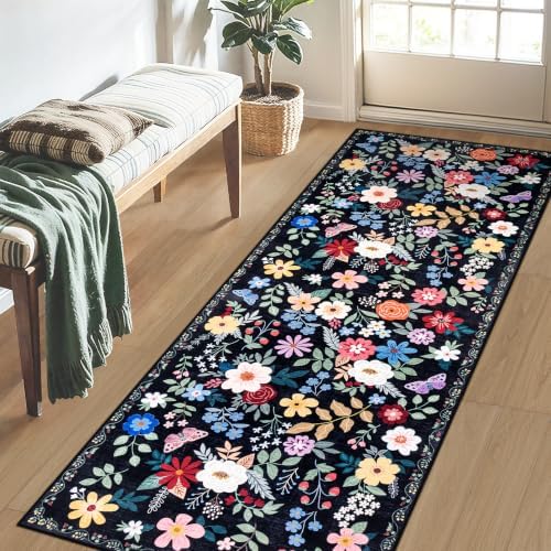 PLHXFR 2x5 Washable Runner Rug：Floral Indoor Kitchen Soft Carpet Black - Image 3