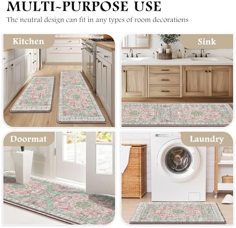 Boho Kitchen Mats for Floor 2PC Anti Fatigue Kitchen Rugs, Green Pink - Image 6