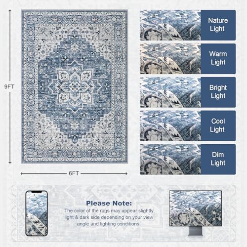 6x9 Area Rugs Living Room: Washable Vintage Rug for Bedroom Blue - Image 2