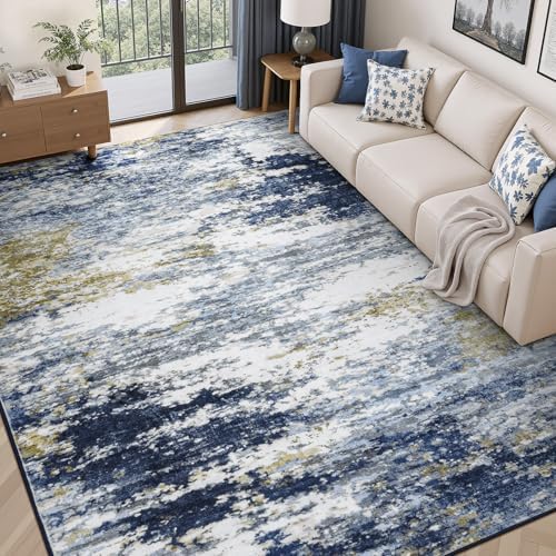 5x7 Area Rug for Living Room, Abstract Washable Non-Slip Rugs, Dark Blue by Lofus