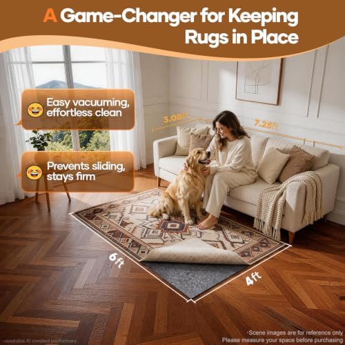 Veken Non Slip Cushioned Rug Pad Gripper, Felt and Silicone Backing, 4 x 6 Ft, 1/8 inch Thick Carpet Liner Protector Mat for Area Rugs and Hardwood Floors, with Over 99 Pcs Anti-Slip Strips Pattern - Image 2