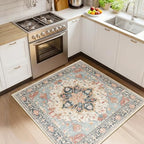 RELEANY Washable Area Rug, Square 4'x4', Beige/Blue/Orange by RELEANY