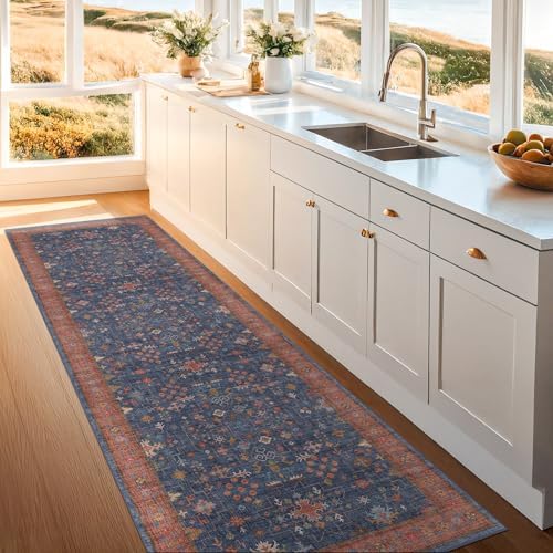 Washable 12 ft Long Runner for Hallway - Navy Blue Kitchen Floor Runner Rug, Pet Friendly Vintage Non Slip with Rubber Backing, Stain Resistant Laundry Room Rug (3x12 Navy Blue & Terracotta) - Image 6