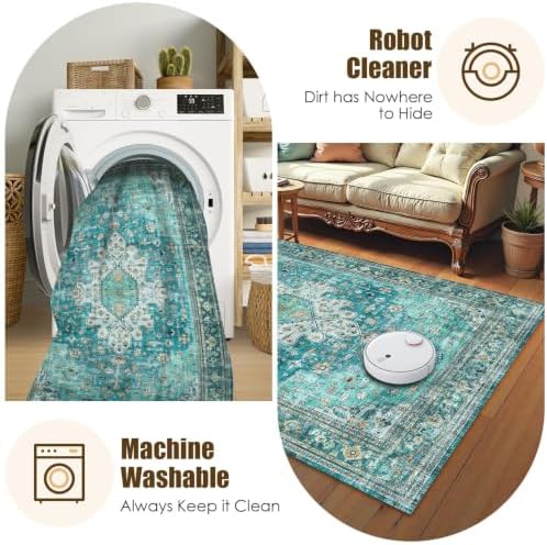 Washable Area Rug 6' x 9' Vintage Traditional Persian Mat - Foldable Distressed Non-Slip Machine Washable Carpet for Living Room Bedroom Kitchen Home Decor - Teal and Gold - Image 7
